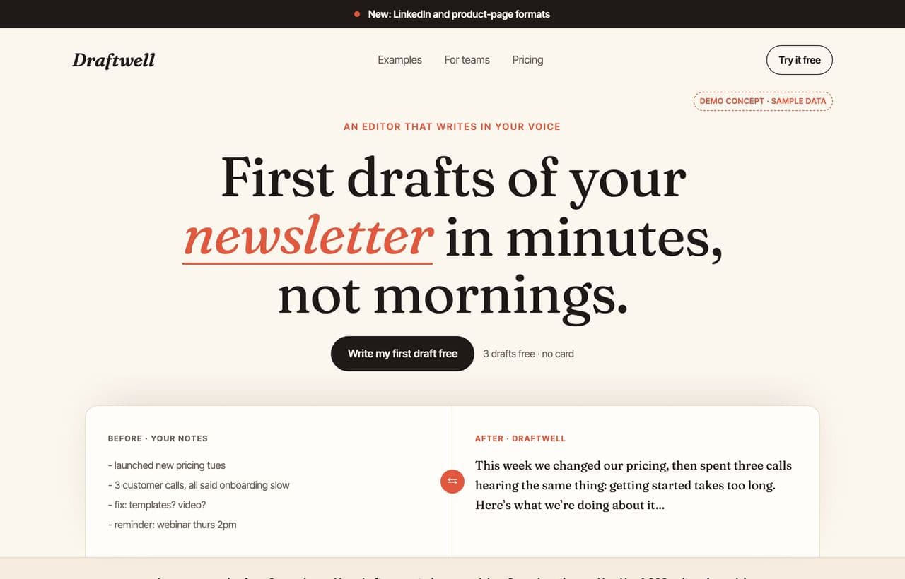 Draftwell demo landing page